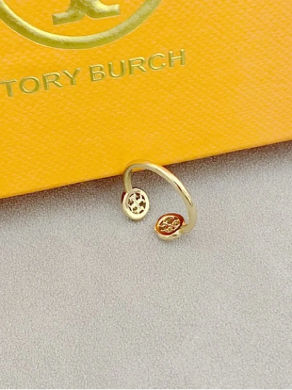 Tory Burch Gold Open Double-Emblem Crystal Ring